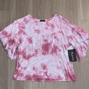 NWT STYLEHOUSE PINK WHITE TIE DYE TOP W FRINGE SLEEVE M ANTHROPOLOGIE
